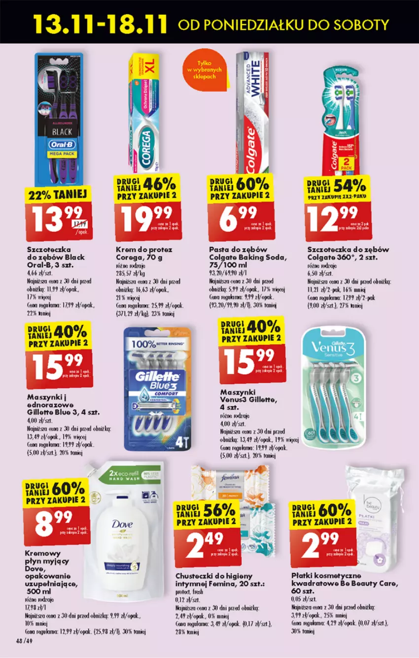 Gazetka promocyjna Biedronka - Od poniedzialku - ważna 13.11 do 18.11.2023 - strona 54 - produkty: Be Be, Chusteczki, Chusteczki do higieny, Colgate, Corega, Dove, Gillette, K2, Lack, LG, Pasta do zębów, Płatki kosmetyczne, Ser, Szczoteczka, Szczoteczka do zębów, Venus