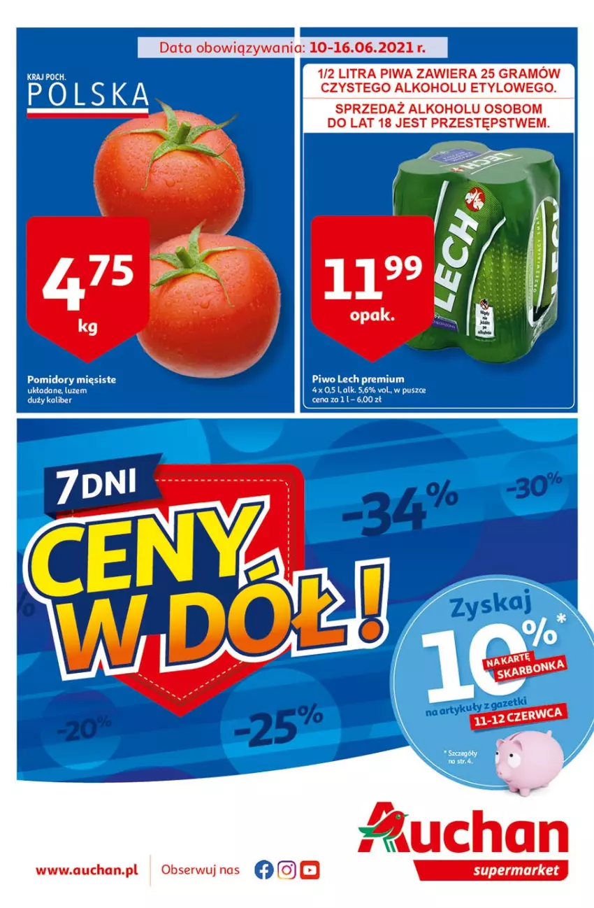 Gazetka promocyjna Auchan - Ceny w dół Supermarkety - ważna 10.06 do 16.06.2021 - strona 1 - produkty: Gra, Piwa, Ser