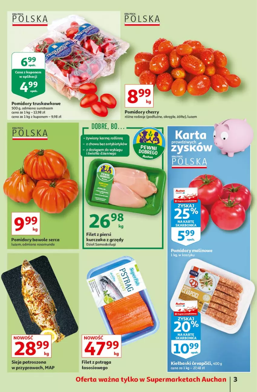 Gazetka promocyjna Auchan - Ceny w dół Supermarkety - ważna 10.06 do 16.06.2021 - strona 3 - produkty: Filet z pstrąga, Kurczak, Pomidory, Pstrąg, Ser, Sos