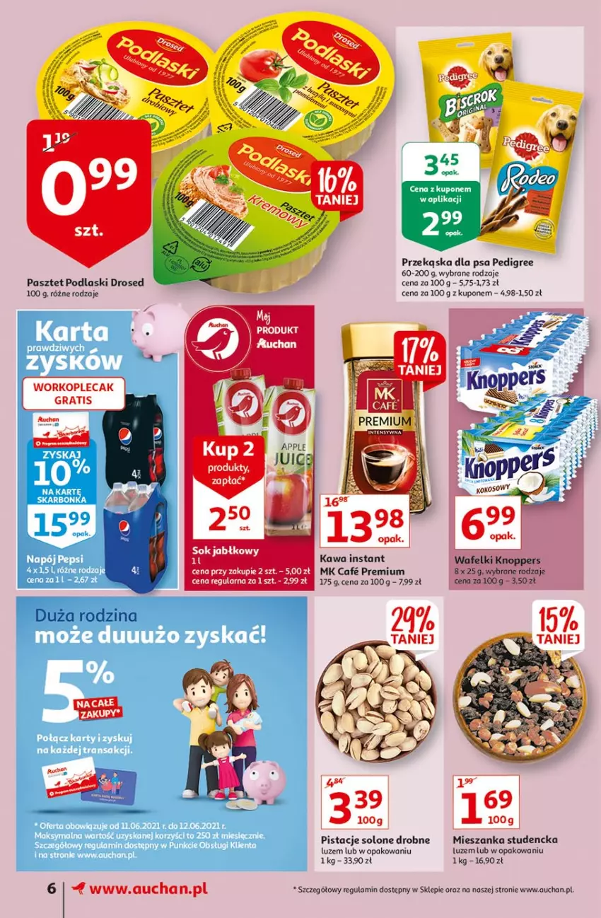 Gazetka promocyjna Auchan - Ceny w dół Supermarkety - ważna 10.06 do 16.06.2021 - strona 6 - produkty: Gra, Kawa, Mieszanka studencka, Pasztet, Pedigree, Pistacje, Plecak, Podlaski, Sok, Sok jabłkowy