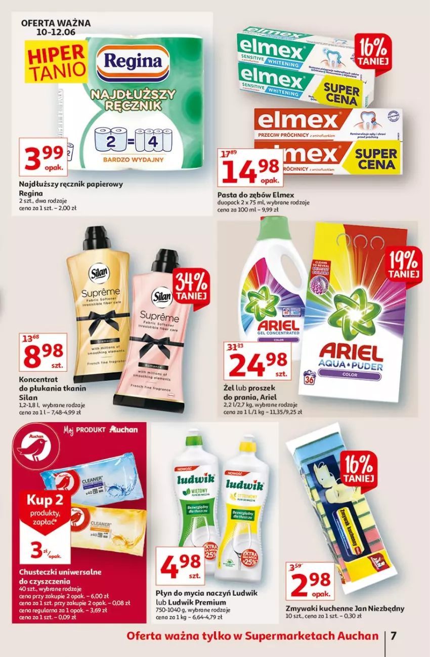 Gazetka promocyjna Auchan - Ceny w dół Supermarkety - ważna 10.06 do 16.06.2021 - strona 7 - produkty: Ariel, Chusteczki, Do mycia naczyń, Elmex, Gin, Gra, Jan Niezbędny, Ludwik, Papier, Płyn do mycia, Płyn do mycia naczyń, Ręcznik, Silan