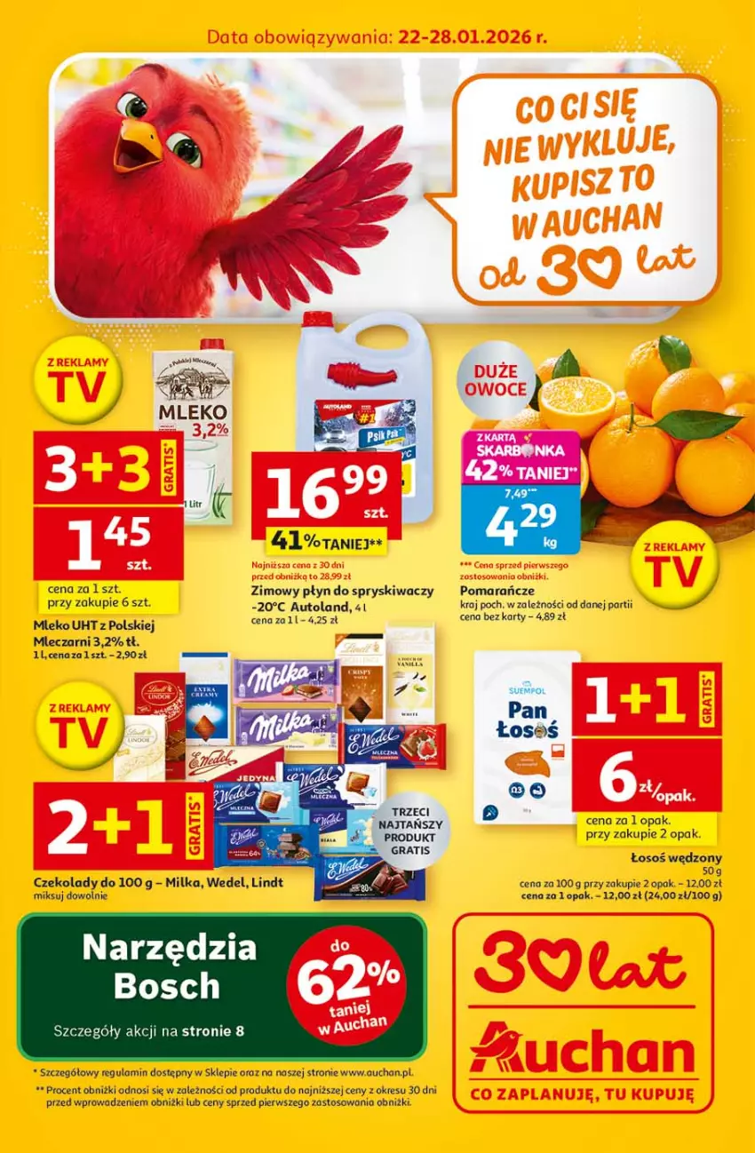 Gazetka promocyjna Auchan - Gazetka 30 Lat Supermarket Auchan - ważna 22.01 do 28.01.2026 - strona 1 - produkty: Bosch, Lindt, Milka, Mleko, Płyn do spryskiwaczy, Pomarańcze