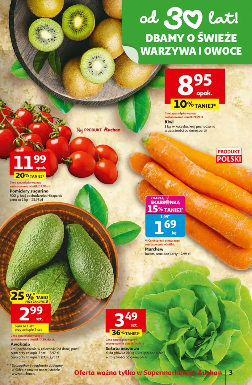 Gazetka promocyjna Auchan - Gazetka 30 Lat Supermarket Auchan - ważna 22.01 do 28.01.2026 - strona 3 - produkty: Kiwi, Kosz, Masło, Pomidory, Sałat, Sałata masłowa