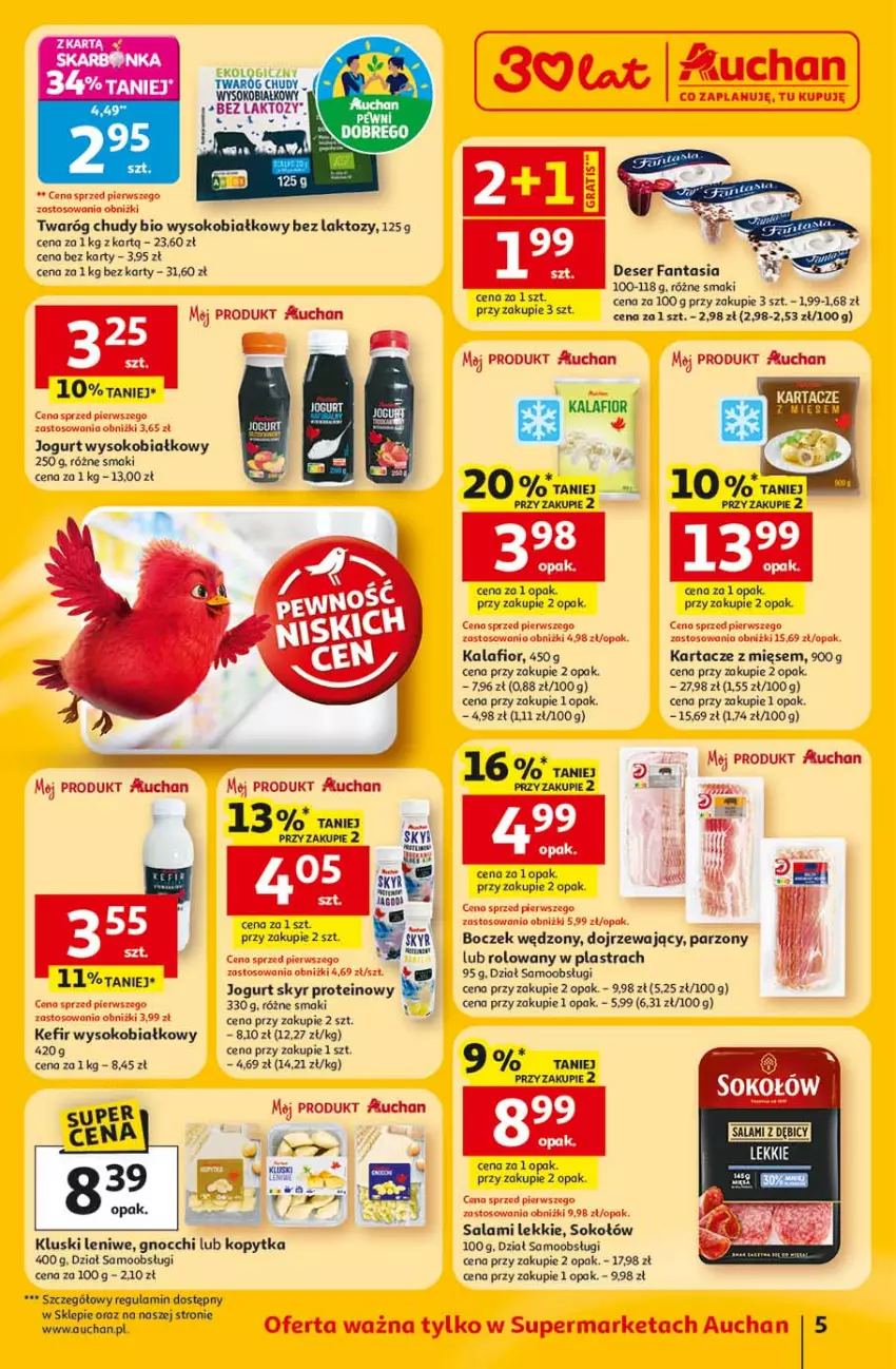 Gazetka promocyjna Auchan - Gazetka 30 Lat Supermarket Auchan - ważna 22.01 do 28.01.2026 - strona 5 - produkty: Boczek, Deser, Fa, Fanta, Gnocchi, Jogurt, Kalafior, Kefir, Kopytka, Salami, Ser, Sok, Sokołów, Twaróg, Twaróg chudy