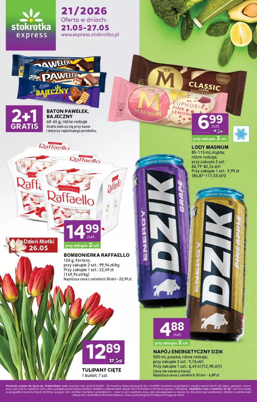 Gazetka promocyjna Stokrotka - Stokrotka Express - ważna 21.05 do 27.05.2026 - strona 1 - produkty: Algida, Baton, Bukiet, Fa, Ferrero, Gra, LG, Lody, Owoce, Raffaello, Tulipan