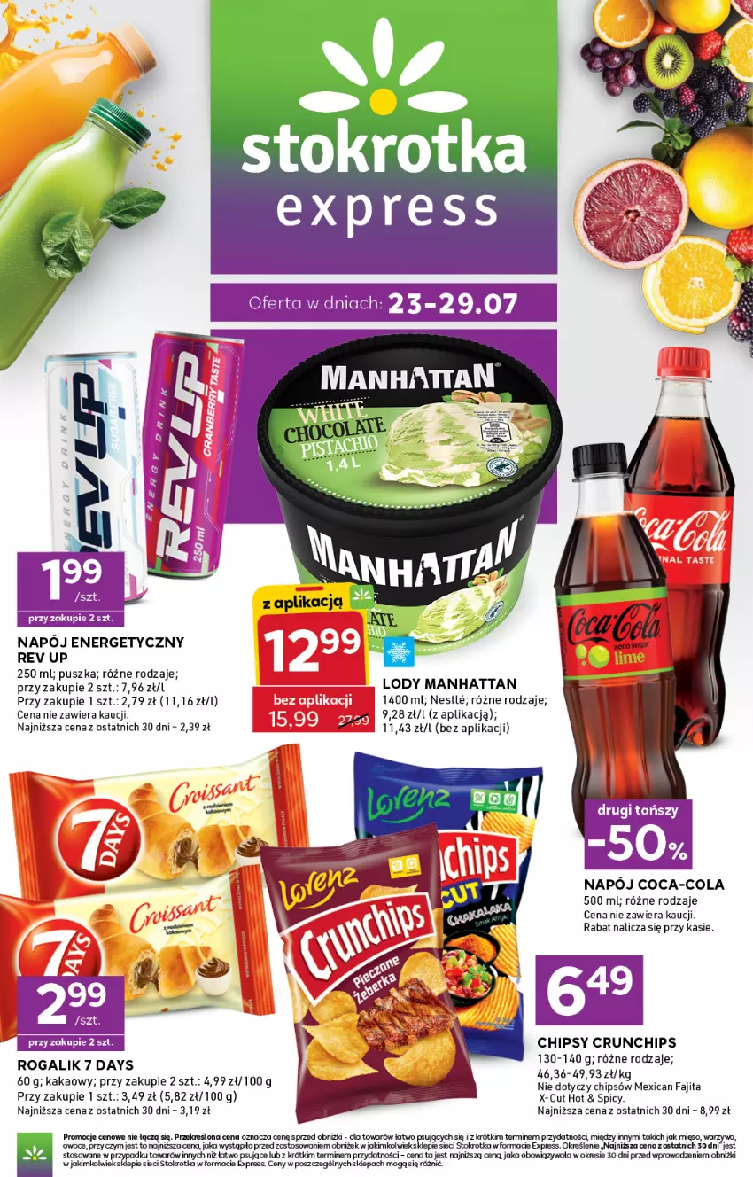 Gazetka promocyjna Stokrotka - Express - ważna 23.07 do 29.07.2026 - strona 1 - produkty: 7 Days, Chipsy, Coca-Cola, Crunchips, Fa, Kakao, Kaki, Lody, Mięso, Napój, Napój energetyczny, Owoce, Rogal