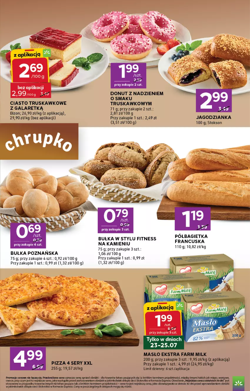 Gazetka promocyjna Stokrotka - Express - ważna 23.07 do 29.07.2026 - strona 3 - produkty: Donut, Fa, Farm Milk, Gala, Jagodzianka, LANA, Masło, Mięso, Pizza, Ser