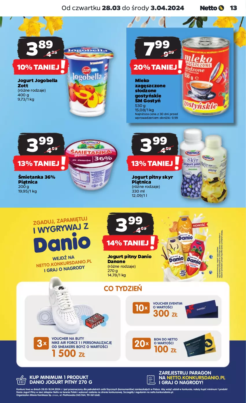 Gazetka promocyjna Netto - Artykuły spożywcze - ważna 28.03 do 03.04.2024 - strona 13 - produkty: Bell, Bella, Danio, Danone, Jogobella, Jogurt, Jogurt pitny, Mleko, Mleko zagęszczone, Piątnica, Zott