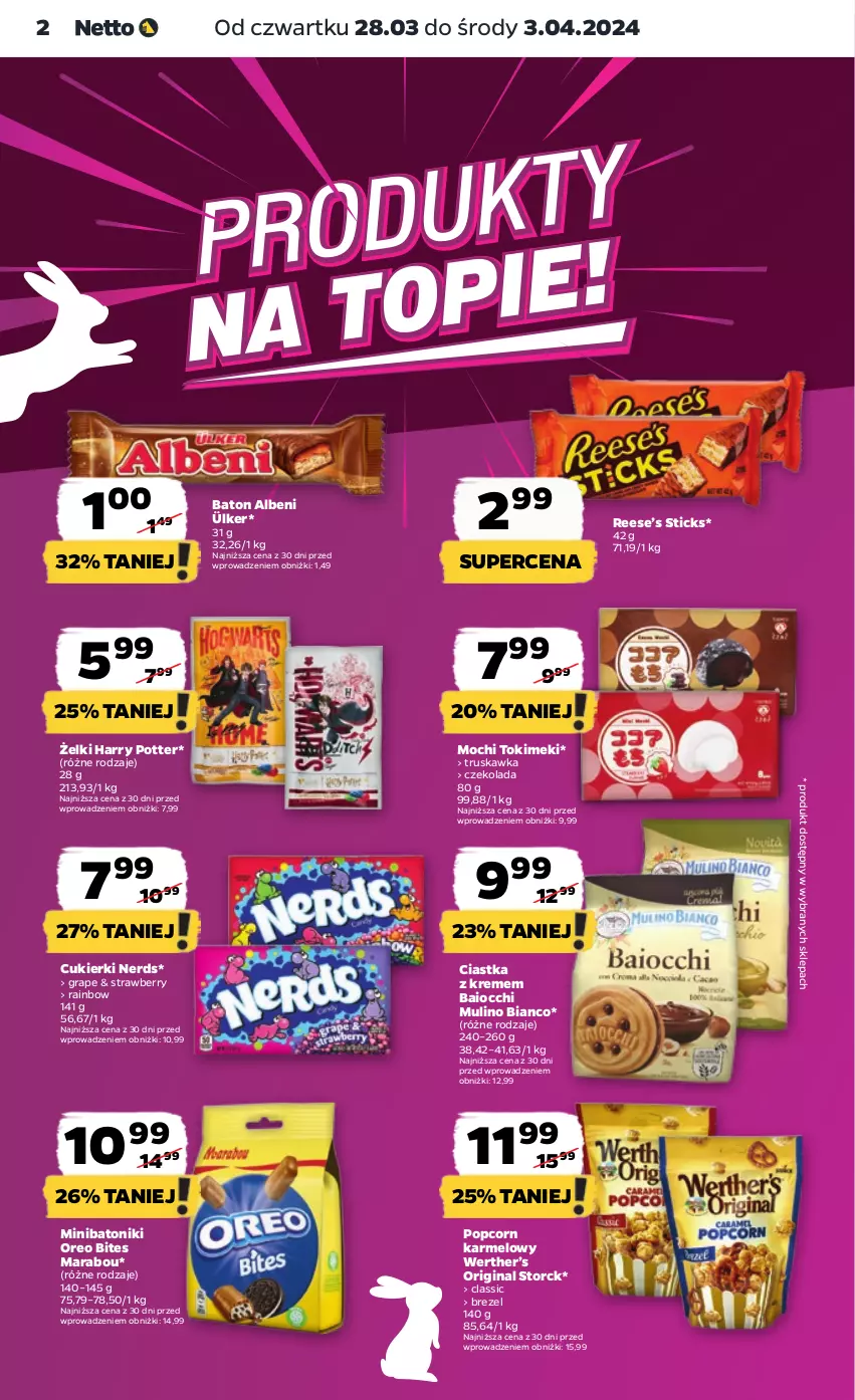 Gazetka promocyjna Netto - Artykuły spożywcze - ważna 28.03 do 03.04.2024 - strona 2 - produkty: Baton, Ciastka, Cukier, Cukierki, Czekolada, Gin, Gra, Harry Potter, Oreo, Popcorn, Tonik