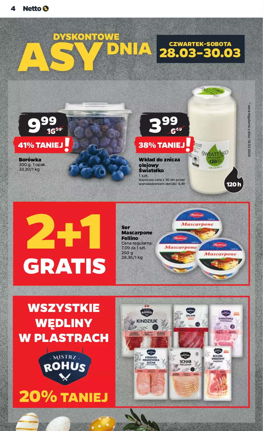 Gazetka promocyjna Netto - Artykuły spożywcze - ważna 28.03 do 03.04.2024 - strona 4 - produkty: Borówka, Gra, Mascarpone, Olej, Ser, Znicz