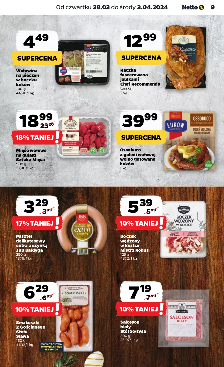 Gazetka promocyjna Netto - Artykuły spożywcze - ważna 28.03 do 03.04.2024 - strona 9 - produkty: Boczek, Fa, Jabłka, Kaczka, Kaczka faszerowana, Kosz, Mięso, Mięso wołowe, Pasztet, Piec, Salceson, Stół, Tusz, Wołowina