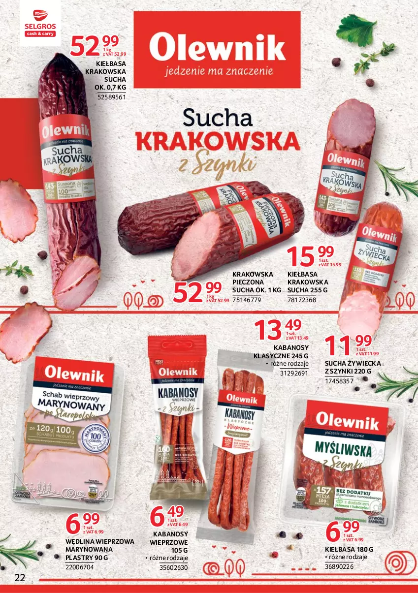 Gazetka promocyjna Selgros - Markowe produkty - ważna 16.02 do 01.03.2023 - strona 22 - produkty: Kabanos, Kiełbasa, Kiełbasa krakowska, Piec, Wędlina