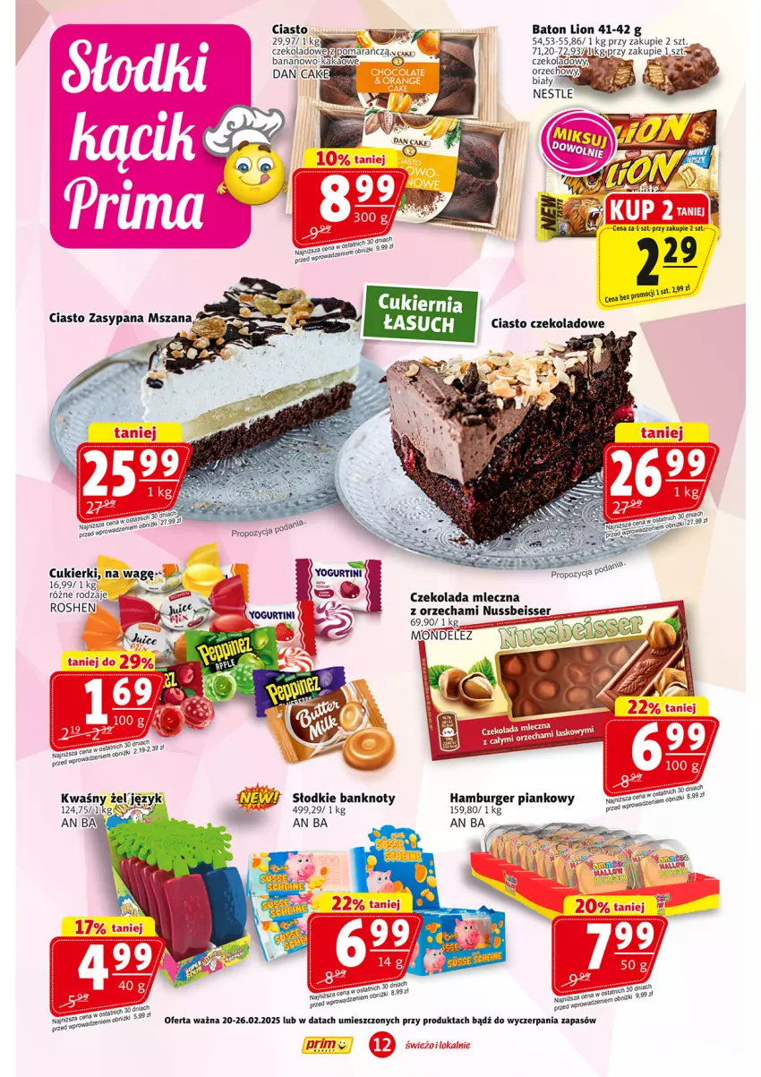 Gazetka promocyjna Prim Market - ważna 20.02 do 26.02.2025 - strona 12 - produkty: Baton, Burger, Ciasto czekoladowe, Cukier, Cukierki, Czekolada, Czekolada mleczna, Dan Cake, Hamburger, Kakao, Lion, Ser