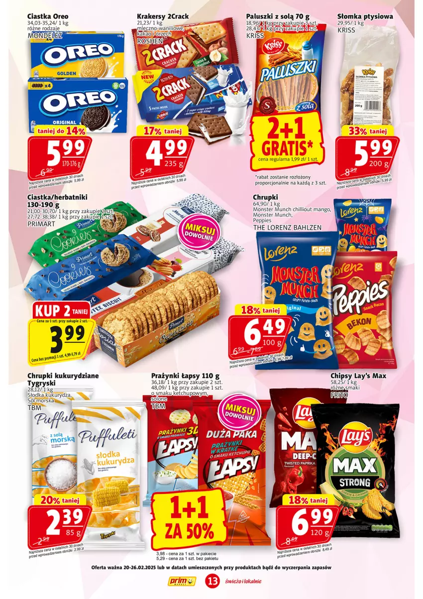 Gazetka promocyjna Prim Market - ważna 20.02 do 26.02.2025 - strona 13 - produkty: BIC, Chipsy, Chrupki, Ciastka, Fa, Gry, Herbatniki, Kakao, Krakersy, Kukurydza, Lorenz, Mango, Monster Munch, Oreo, Sól