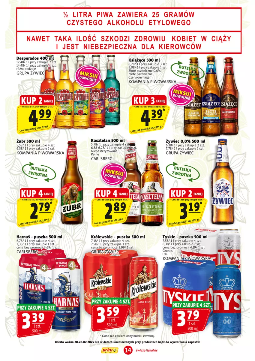 Gazetka promocyjna Prim Market - ważna 20.02 do 26.02.2025 - strona 14 - produkty: Carlsberg, Desperados, Fa, Harnaś, Kasztelan, Królewski, Książęce, Piwo, Tyskie