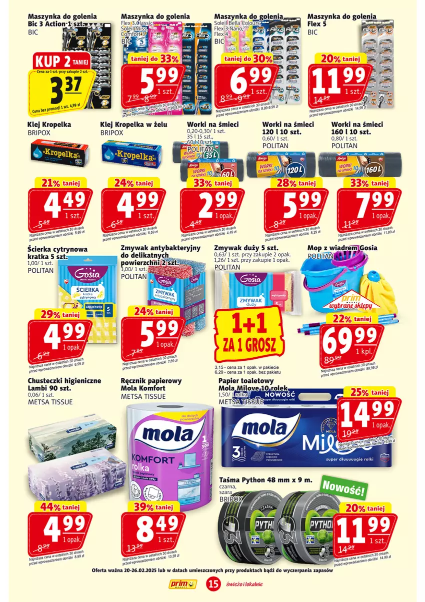 Gazetka promocyjna Prim Market - ważna 20.02 do 26.02.2025 - strona 15 - produkty: Bell, Bella, BIC, Klej, Maszynka, Maszynka do golenia, Mola, Mop, Papier, Papier toaletowy, Ręcznik, Szynka, Worki na śmiec, Worki na śmieci