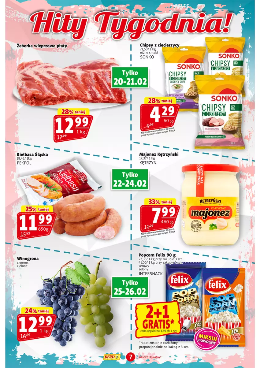 Gazetka promocyjna Prim Market - ważna 20.02 do 26.02.2025 - strona 7 - produkty: Chipsy, Felix, Kiełbasa, Kiełbasa śląska, Majonez, Pekpol, Popcorn, Por, Sonko, Wino, Winogrona