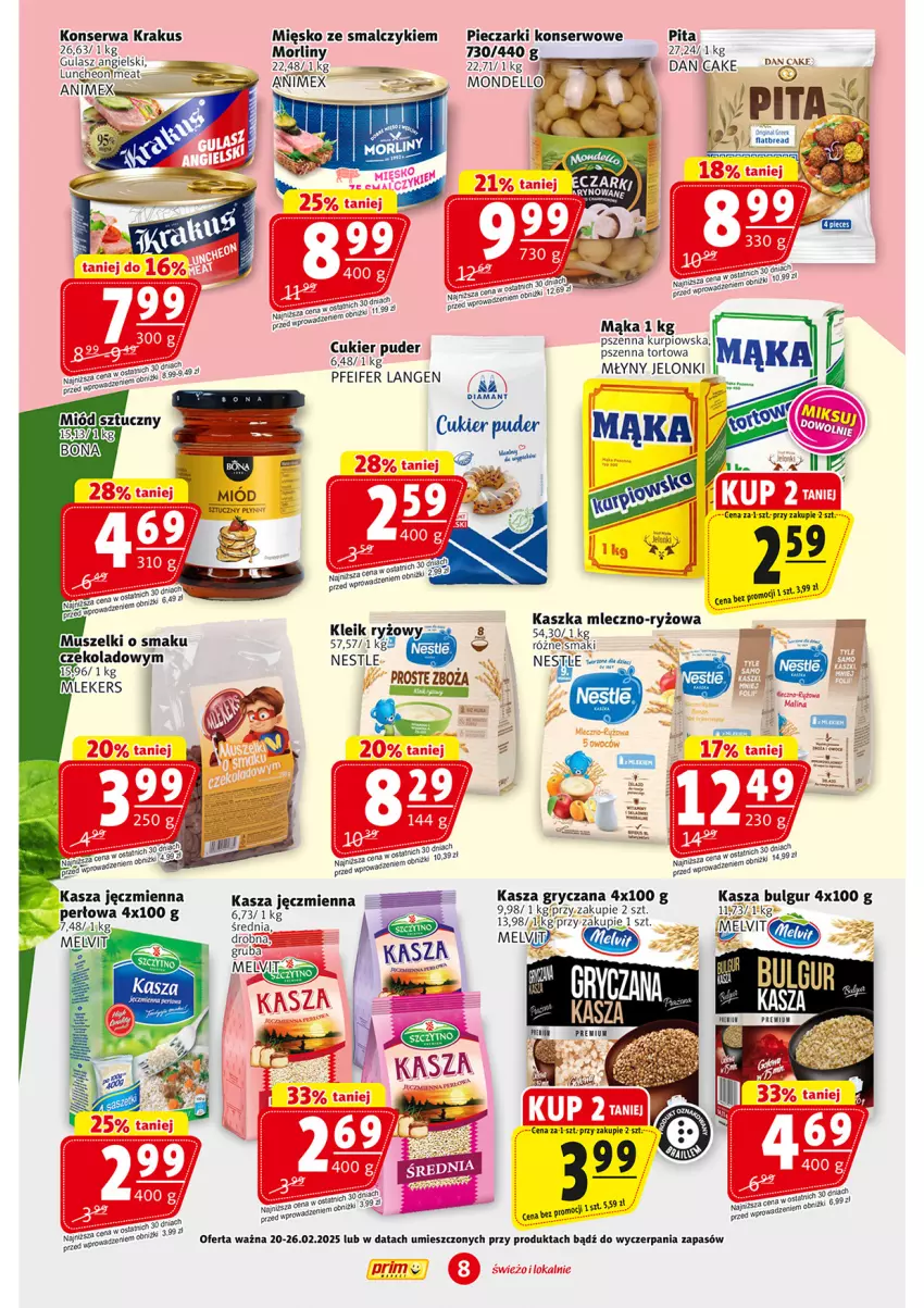 Gazetka promocyjna Prim Market - ważna 20.02 do 26.02.2025 - strona 8 - produkty: Bulgur, Cukier, Cukier puder, Gry, Kasza, Kasza gryczana, Kasza jęczmienna, Kawa, Krakus, LG, Mąka, Melvit, Morliny, Mus, Piec, Puder, Ryż, Ser