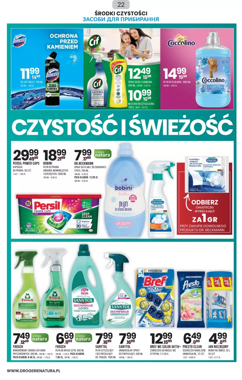 Gazetka promocyjna Drogerie Natura - Gazetka Drogerie Natura - ważna 11.04 do 30.04.2022 - strona 22 - produkty: Bref, Dezodorant, Dzieci, Frosch, Jan Niezbędny, Mleczko, Mus, Persil, Płyn do mycia, Płyn do prania, Presto, Sanytol, Wino, Worki na śmiec, Worki na śmieci