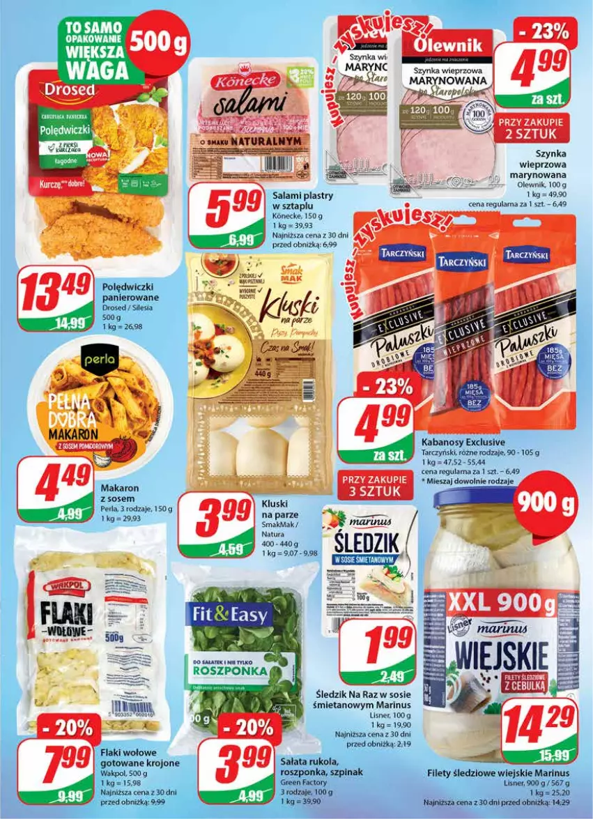 Gazetka promocyjna Dino - G27 - ważna 05.07 do 11.07.2023 - strona 15 - produkty: Fa, Flaki, Flaki wołowe, Kabanos, Kluski na parze, Lisner, Makaron, Olewnik, Roszponka, Rukola, Salami, Sałat, Sos, Szpinak, Szynka, Szynka wieprzowa, Tarczyński