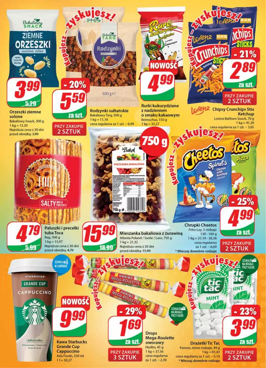 Gazetka promocyjna Dino - G27 - ważna 05.07 do 11.07.2023 - strona 18 - produkty: Cappuccino, Chipsy, Crunchips, Ferrero, Gra, Haribo, Kakao, Kawa, Ketchup, Lorenz, Mieszanka bakaliowa, Orzeszki, Orzeszki ziemne, Precelki, Rodzynki, Rurki, Sante