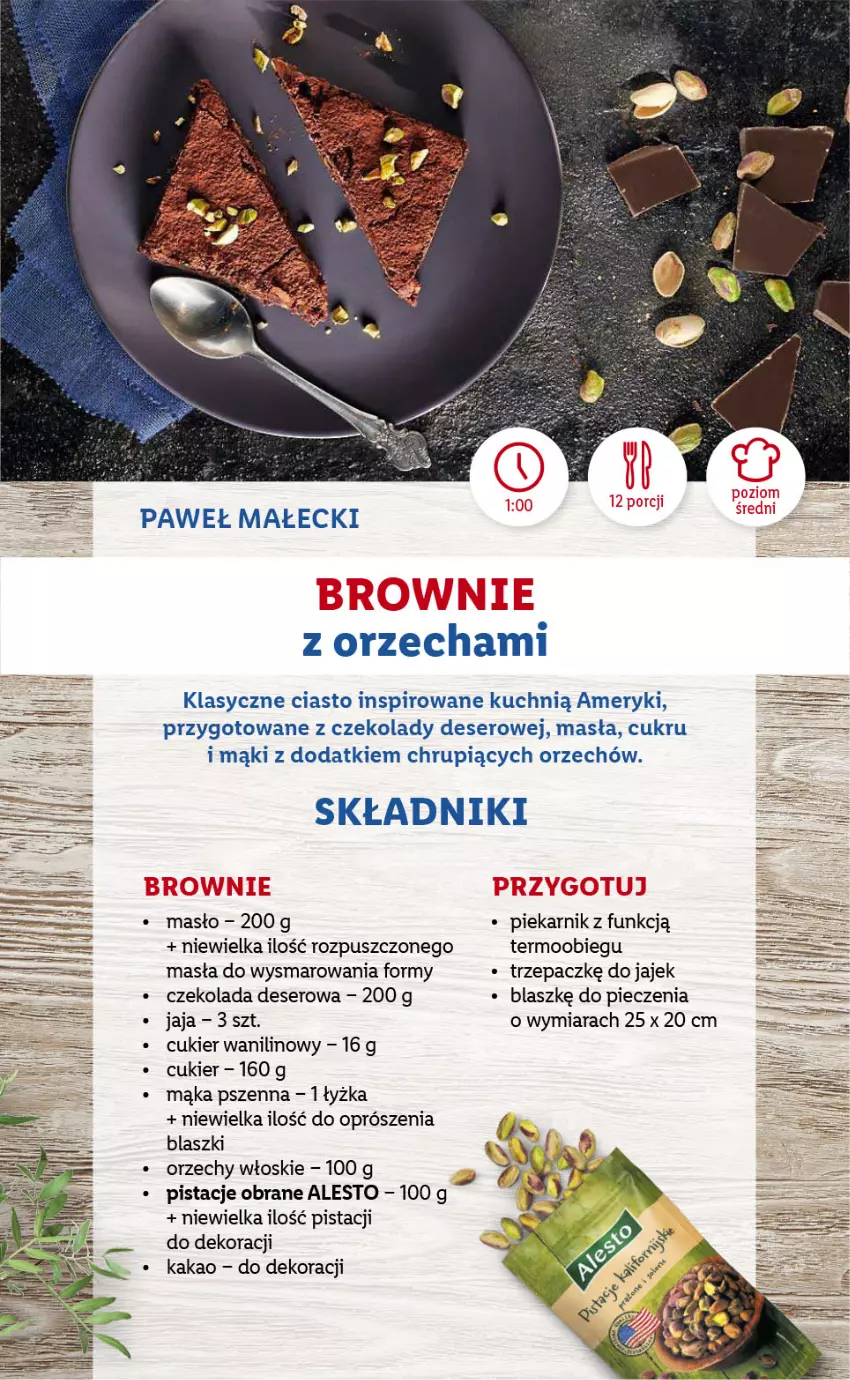 Gazetka promocyjna Lidl - KATALOG Z OFERTĄ W STYLU USA - ważna 18.10 do 22.10.2021 - strona 10 - produkty: Cukier, Cukier wanilinowy, Czekolada, Deser, Jaja, Kakao, Mąka, Mąka pszenna, Masło, Orzechy włoskie, Piec, Piekarnik, Pistacje, Ser