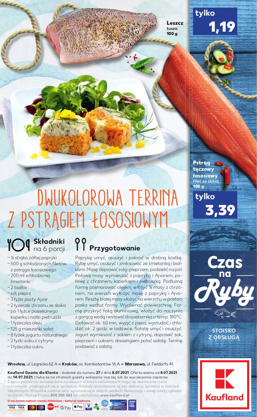 Gazetka promocyjna Kaufland - RYBY - ważna 08.07 do 14.07.2021 - strona 2 - produkty: Chrzan, Cytryny, Dres, Fa, Jogurt, Olej, Piec, Piekarnik, Pieprz, Por, Pstrąg, Pstrąg tęczowy, Sałat, Sok, Sól, Sos, Tusz, Wagi