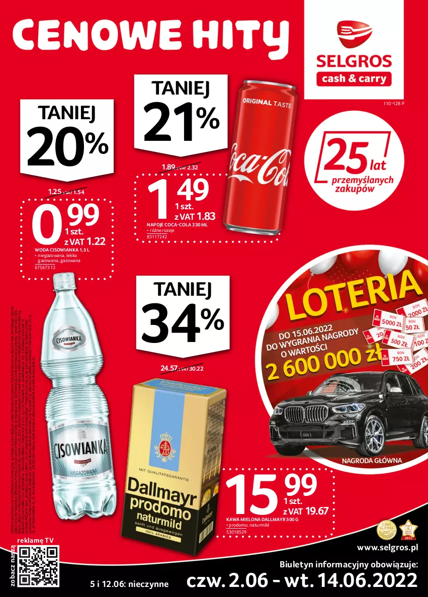 Gazetka promocyjna Selgros - Extra Oferta - ważna 02.06 do 14.06.2022 - strona 1 - produkty: Cisowianka, Coca-Cola, Dallmayr, Fa, Fortuna, Kawa, Kawa mielona, LG, Napoje, Samochód, Tran, Woda