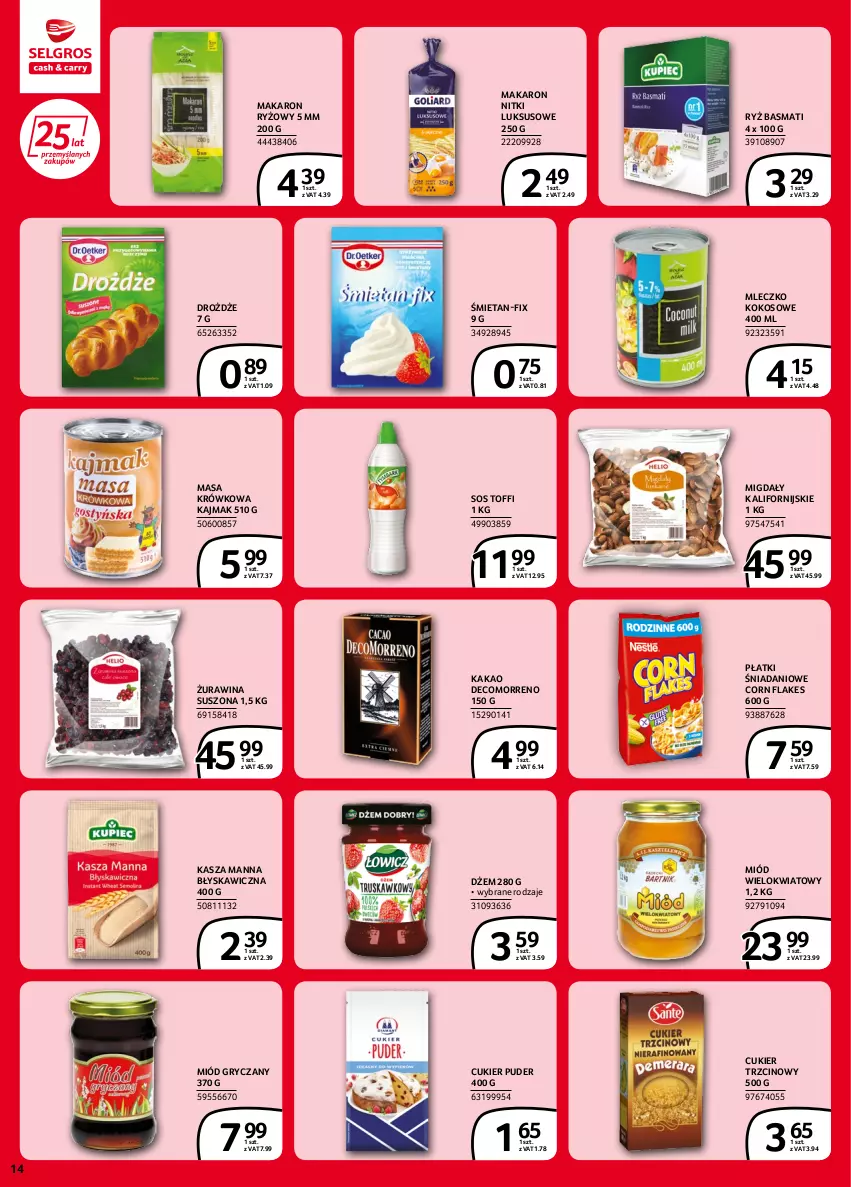 Gazetka promocyjna Selgros - Extra Oferta - ważna 02.06 do 14.06.2022 - strona 14 - produkty: Corn flakes, Cukier, Cukier puder, Cukier trzcinowy, Danio, Drożdże, Dżem, Gry, Kakao, Kasza, Kokos, Makaron, Makaron ryżowy, Masa krówkowa, Migdały, Miód, Mleczko, Puder, Ryż, Ryż basmati, Sos