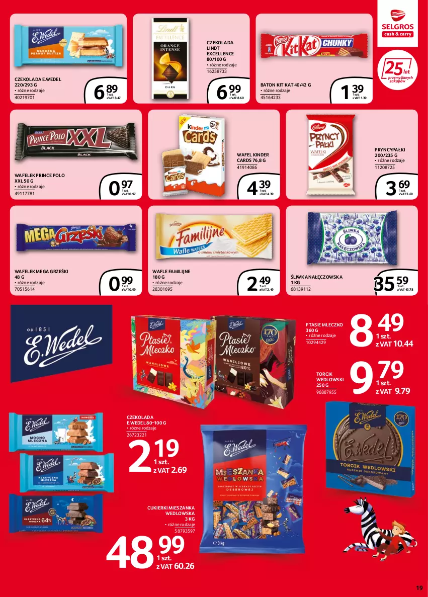 Gazetka promocyjna Selgros - Extra Oferta - ważna 02.06 do 14.06.2022 - strona 19 - produkty: Baton, Cukier, Cukierki, Czekolada, Fa, Grześki, Kinder, Kit Kat, Lindt, Mieszanka wedlowska, Mleczko, Prince Polo, Ptasie mleczko, Wafelek, Wafle