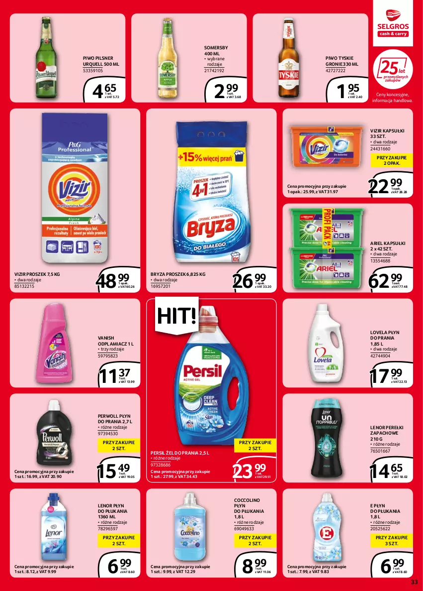 Gazetka promocyjna Selgros - Extra Oferta - ważna 02.06 do 14.06.2022 - strona 33 - produkty: Ariel, Bryza, Coccolino, Lenor, Lovela, Odplamiacz, Perełki zapachowe, Persil, Perwoll, Pilsner Urquell, Piwo, Płyn do płukania, Płyn do prania, Somersby, Tyskie, Vanish, Vizir