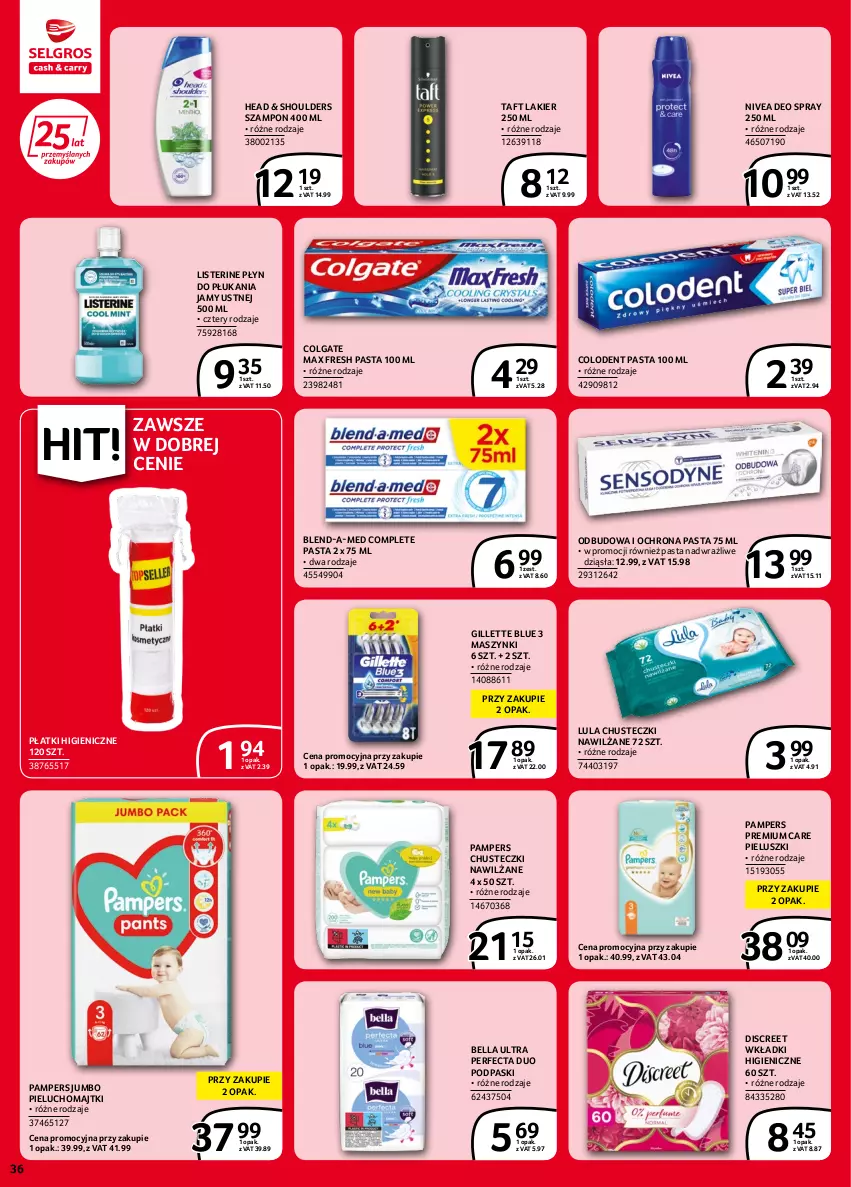 Gazetka promocyjna Selgros - Extra Oferta - ważna 02.06 do 14.06.2022 - strona 36 - produkty: Bell, Bella, Blend-a-Med, Chusteczki, Colgate, Discreet, Gillette, Lakier, LG, Listerine, Majtki, Nivea, Pampers, Perfecta, Pieluchomajtki, Płyn do płukania, Płyn do płukania jamy ustnej, Podpaski, Szampon, Taft, Wkładki