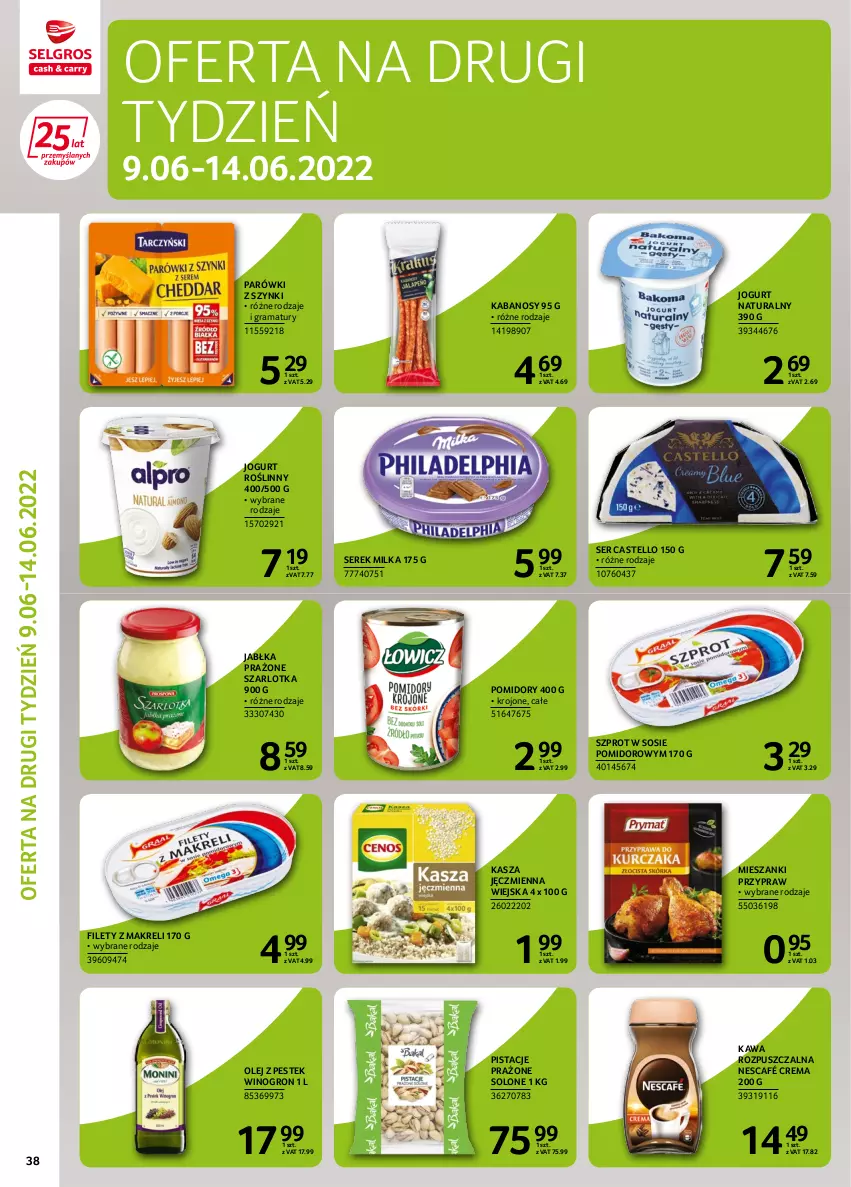 Gazetka promocyjna Selgros - Extra Oferta - ważna 02.06 do 14.06.2022 - strona 40 - produkty: Gra, Jabłka, Jabłka prażone, Jogurt, Jogurt naturalny, Kabanos, Kasza, Kasza jęczmienna, Kawa, Kawa rozpuszczalna, Milka, Nescafé, Olej, Parówki, Parówki z szynki, Pistacje, Pomidory, Rama, Ser, Serek, Sos, Stek, Szarlotka, Szprot, Szprot w sosie, Wino