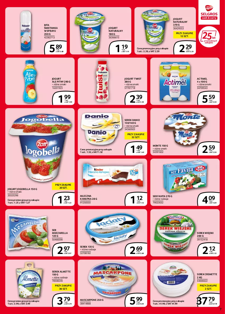 Gazetka promocyjna Selgros - Extra Oferta - ważna 02.06 do 14.06.2022 - strona 7 - produkty: Actimel, Almette, Bell, Bella, Danio, Fa, Favita, Jogobella, Jogurt, Jogurt naturalny, Mascarpone, Mleczna kanapka, Monte, Mozzarella, Ser, Serek, Serek wiejski