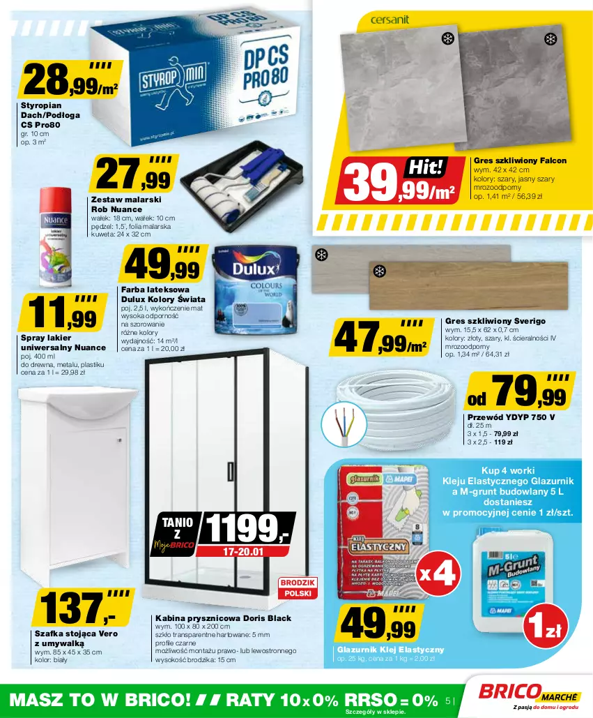 Gazetka promocyjna Bricomarche - Gazetka - ważna 17.01 do 28.01.2024 - strona 5 - produkty: Alcon, Brodzik, Dulux, Fa, Farba lateksowa, Folia malarska, Gres, Gres szkliwiony, Grunt, Kabina prysznicowa, Klej, Klej elastyczny, Kuweta, Lack, Lakier, Lazur, Por, Przewód, Sok, Szafka, Tran, Wałek