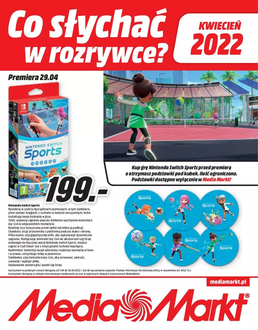 Gazetka promocyjna Media Markt - Gazetka Media Markt - ważna 01.04 do 30.04.2022 - strona 1 - produkty: Gra, Kontroler, Kubek, NBA, Nintendo Switch, Noż, Pasek, Piłka nożna, Por, Ser, Sport