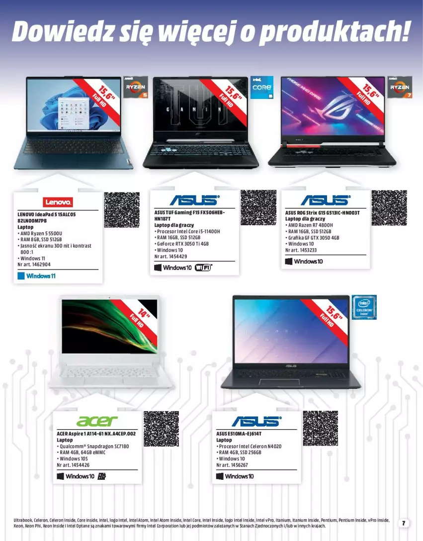 Gazetka promocyjna Media Markt - Gazetka Media Markt - ważna 01.04 do 30.04.2022 - strona 7 - produkty: Acer, Asus, Gra, Grafika, Intel, Lenovo, Pentium, Por, Procesor, Top