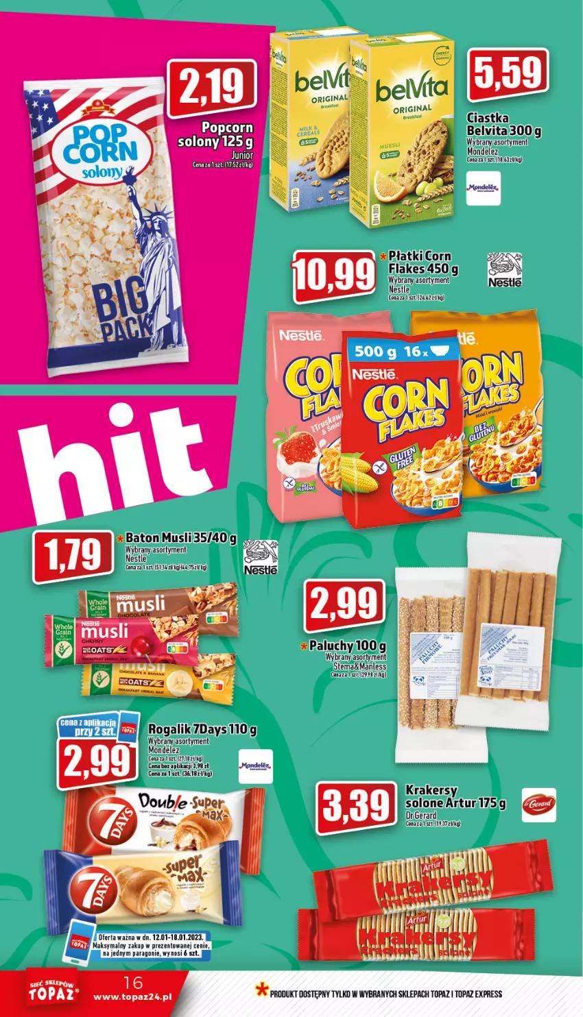 Gazetka promocyjna Topaz - Gazetka - ważna 12.01 do 18.01.2023 - strona 16 - produkty: Artur, Baton, BelVita, Ciastka, Krakersy, Mus, Rogal, Top