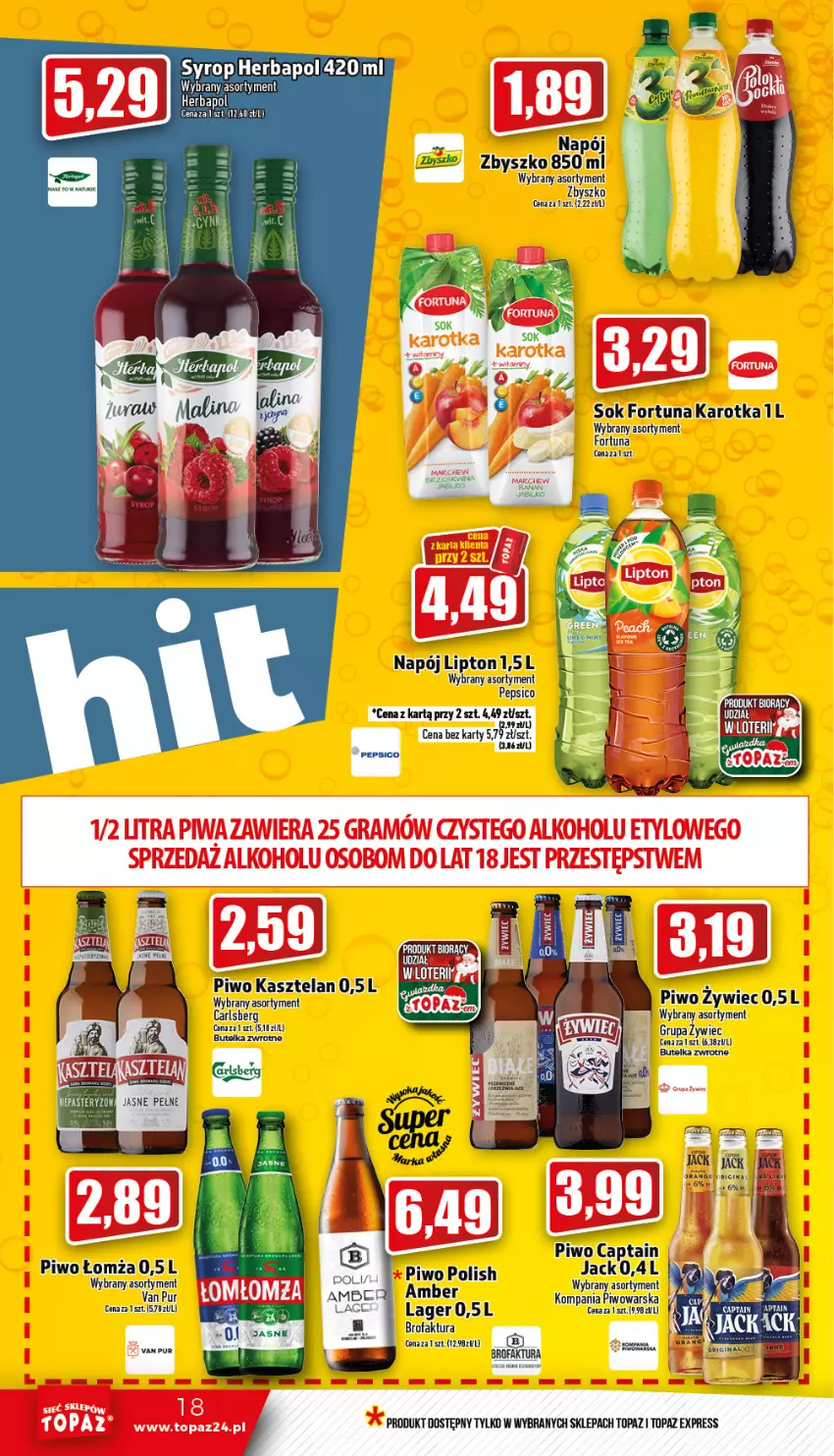 Gazetka promocyjna Topaz - Gazetka - ważna 12.01 do 18.01.2023 - strona 18 - produkty: Dada, Fa, Fortuna, Herbapol, Kasztelan, Lipton, Napój, Pepsi, Piwo, Pur, Sok, Syrop, Top