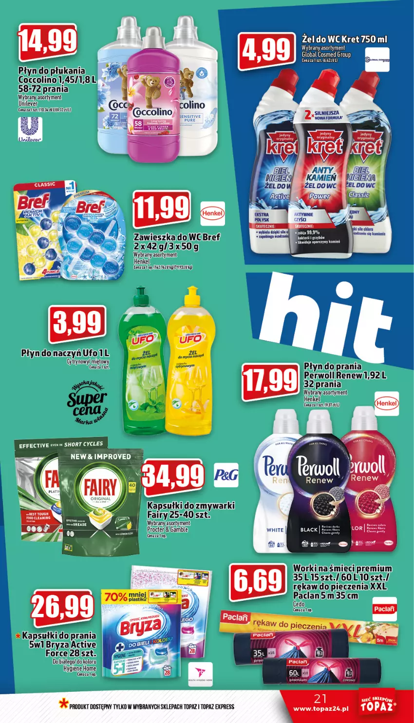 Gazetka promocyjna Topaz - Gazetka - ważna 12.01 do 18.01.2023 - strona 21 - produkty: Bref, Bryza, Coccolino, Fa, Fairy, Lirene, Perwoll, Piec, Top, Worki na śmiec, Worki na śmieci, Zawieszka do wc, Zmywarki