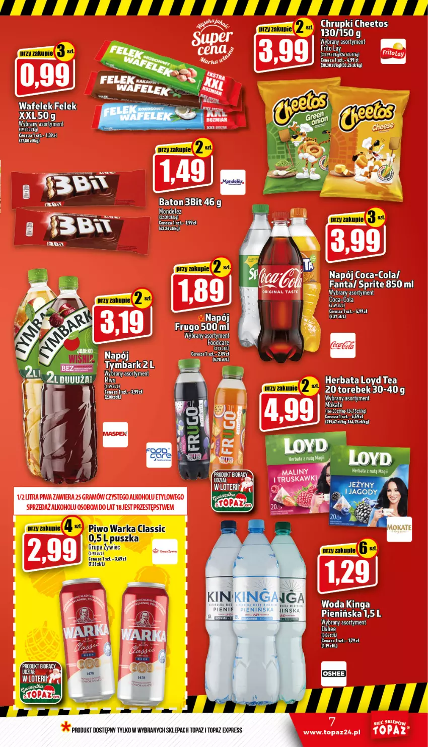 Gazetka promocyjna Topaz - Gazetka - ważna 12.01 do 18.01.2023 - strona 7 - produkty: Baton, Cheetos, Chrupki, Jagody, Jeżyny, K2, Napój, Piwo, Top, Tymbark, Warka