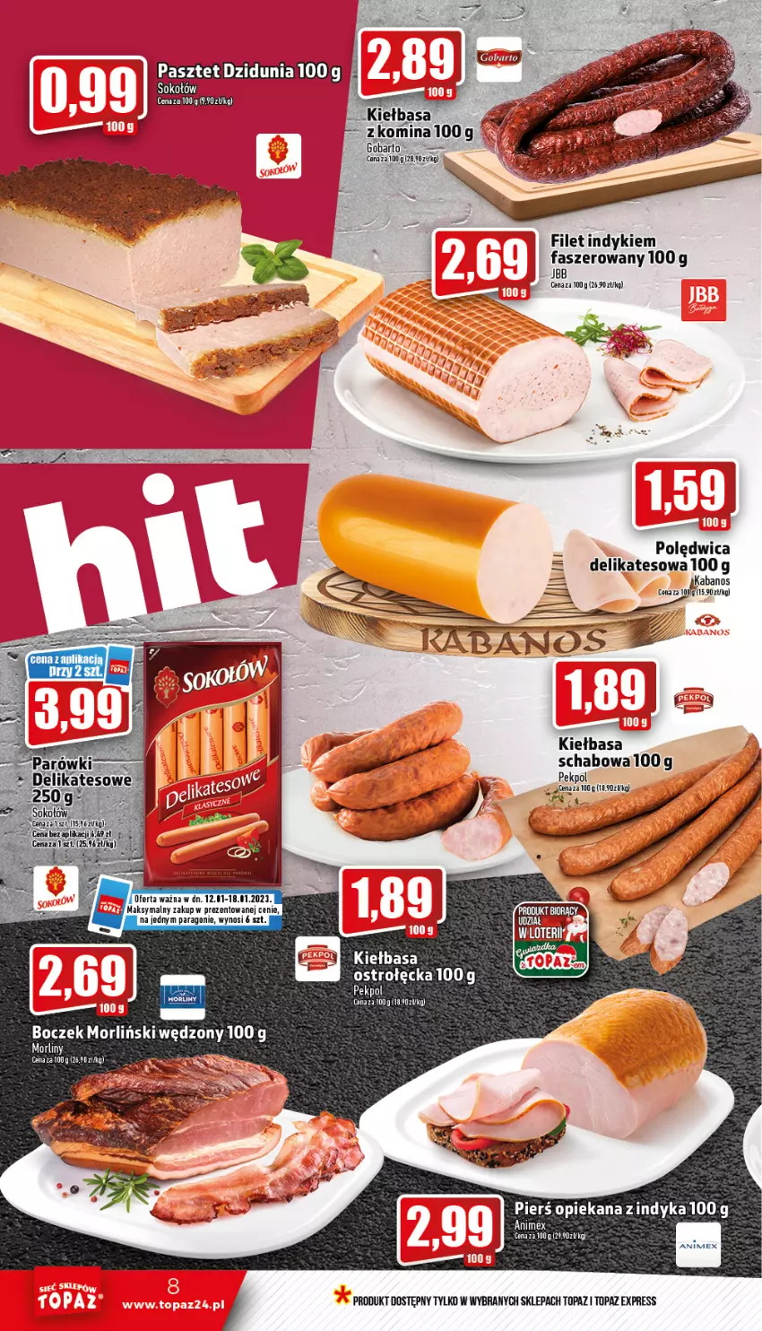 Gazetka promocyjna Topaz - Gazetka - ważna 12.01 do 18.01.2023 - strona 8 - produkty: Boczek, Fa, Kabanos, Kiełbasa, Kiełbasa schabowa, Morliny, Pasztet, Pekpol, Polędwica, Top