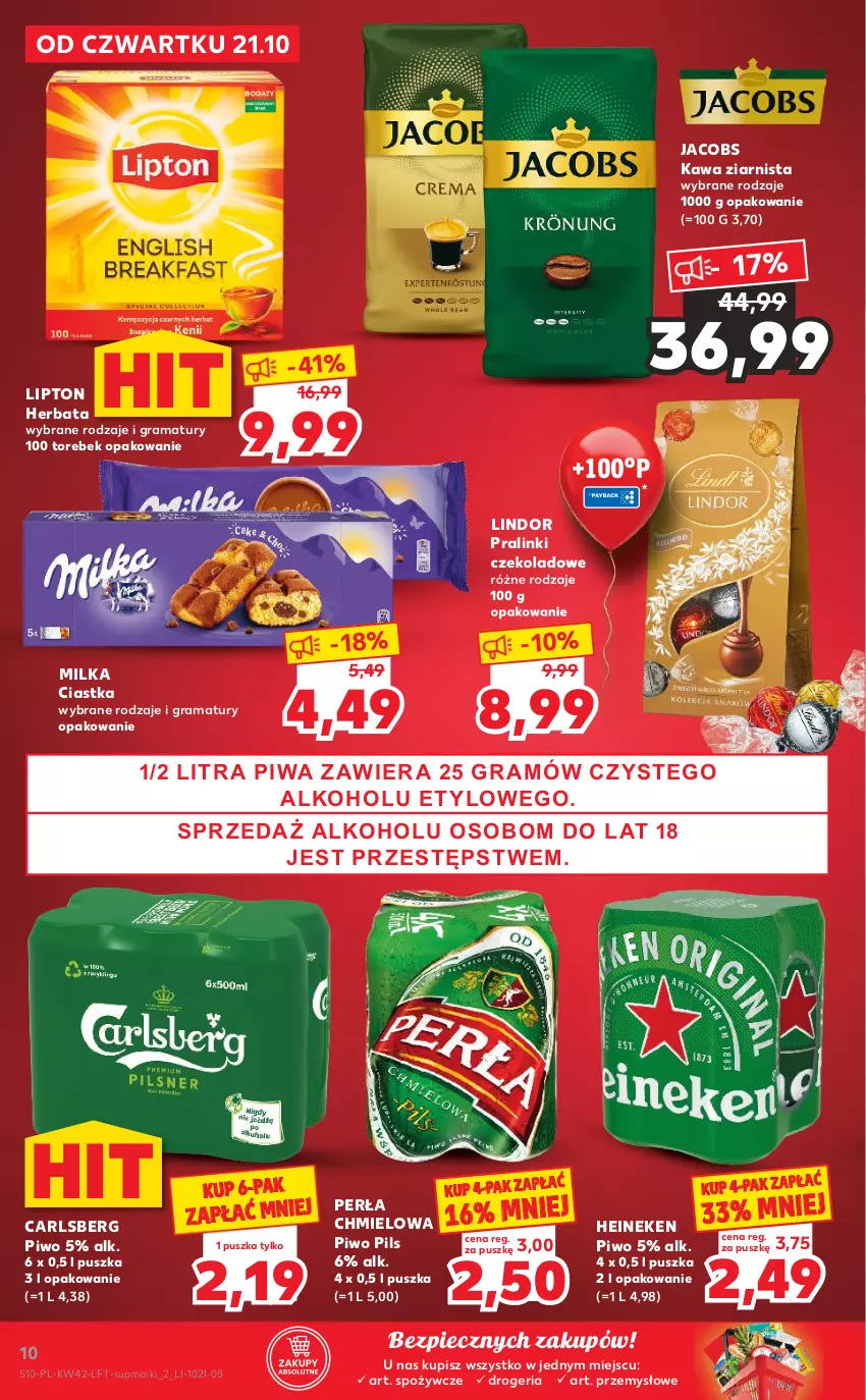 Gazetka promocyjna Kaufland - OFERTA TYGODNIA - ważna 21.10 do 27.10.2021 - strona 10 - produkty: Carlsberg, Ciastka, Gra, Heineken, Herbata, Jacobs, Kawa, Kawa ziarnista, Lindor, Lipton, Milka, Perła, Piec, Piwa, Piwo, Rama