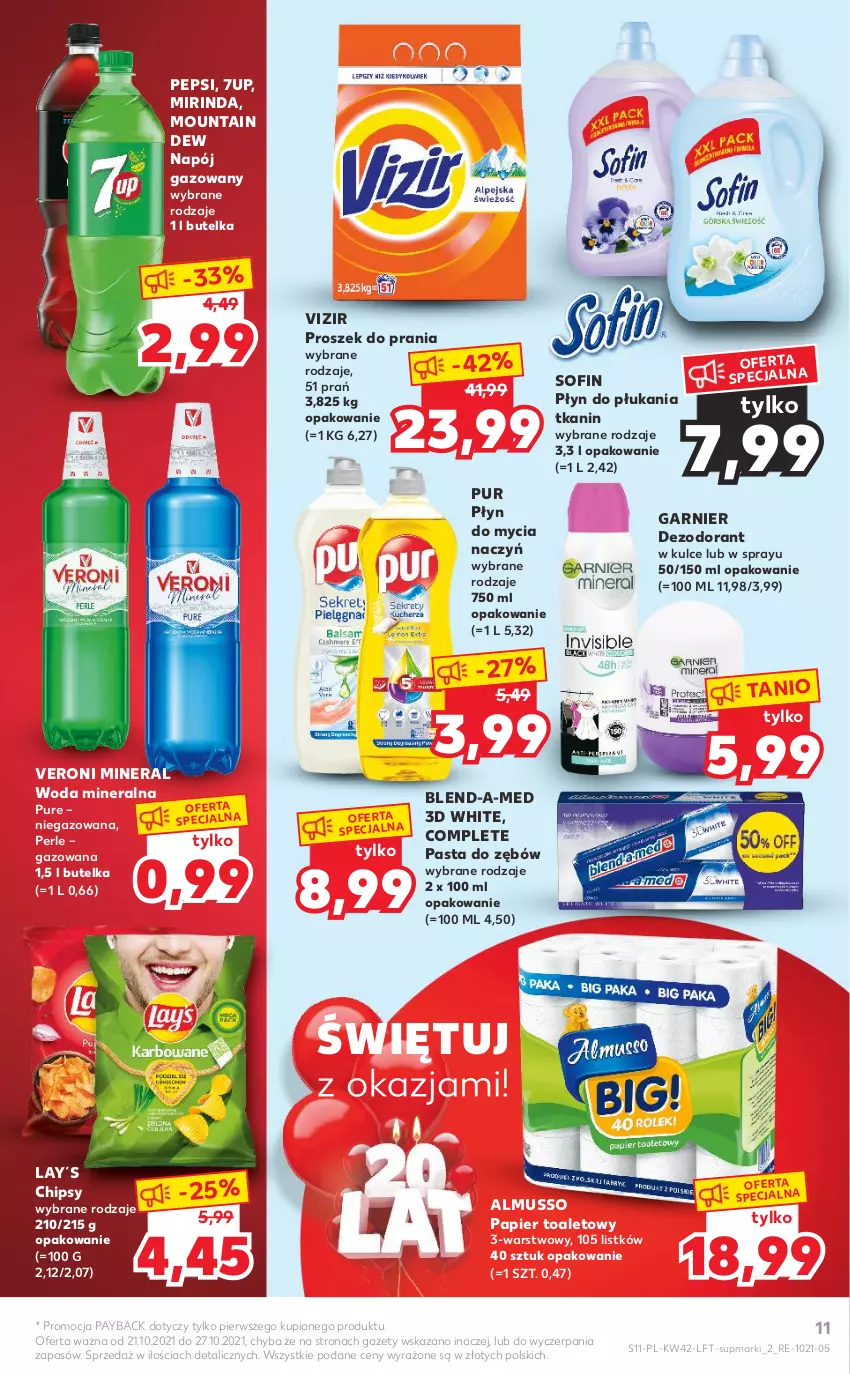 Gazetka promocyjna Kaufland - OFERTA TYGODNIA - ważna 21.10 do 27.10.2021 - strona 11 - produkty: 7up, Blend-a-Med, Chipsy, Dezodorant, Do mycia naczyń, Garnier, Mirinda, Mus, Napój, Napój gazowany, Papier, Papier toaletowy, Pasta do zębów, Pepsi, Płyn do mycia, Płyn do mycia naczyń, Płyn do płukania, Proszek do prania, Pur, Vizir, Woda, Woda mineralna