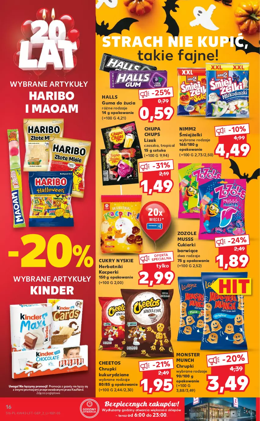 Gazetka promocyjna Kaufland - OFERTA TYGODNIA - ważna 21.10 do 27.10.2021 - strona 16 - produkty: Cheetos, Chrupki, Chupa Chups, Cukier, Cukierki, Fa, Guma do żucia, Halls, Haribo, Herbatniki, Kinder, Monster Munch, Mus, Nimm2, Piec, Tera, Tropical, Waga