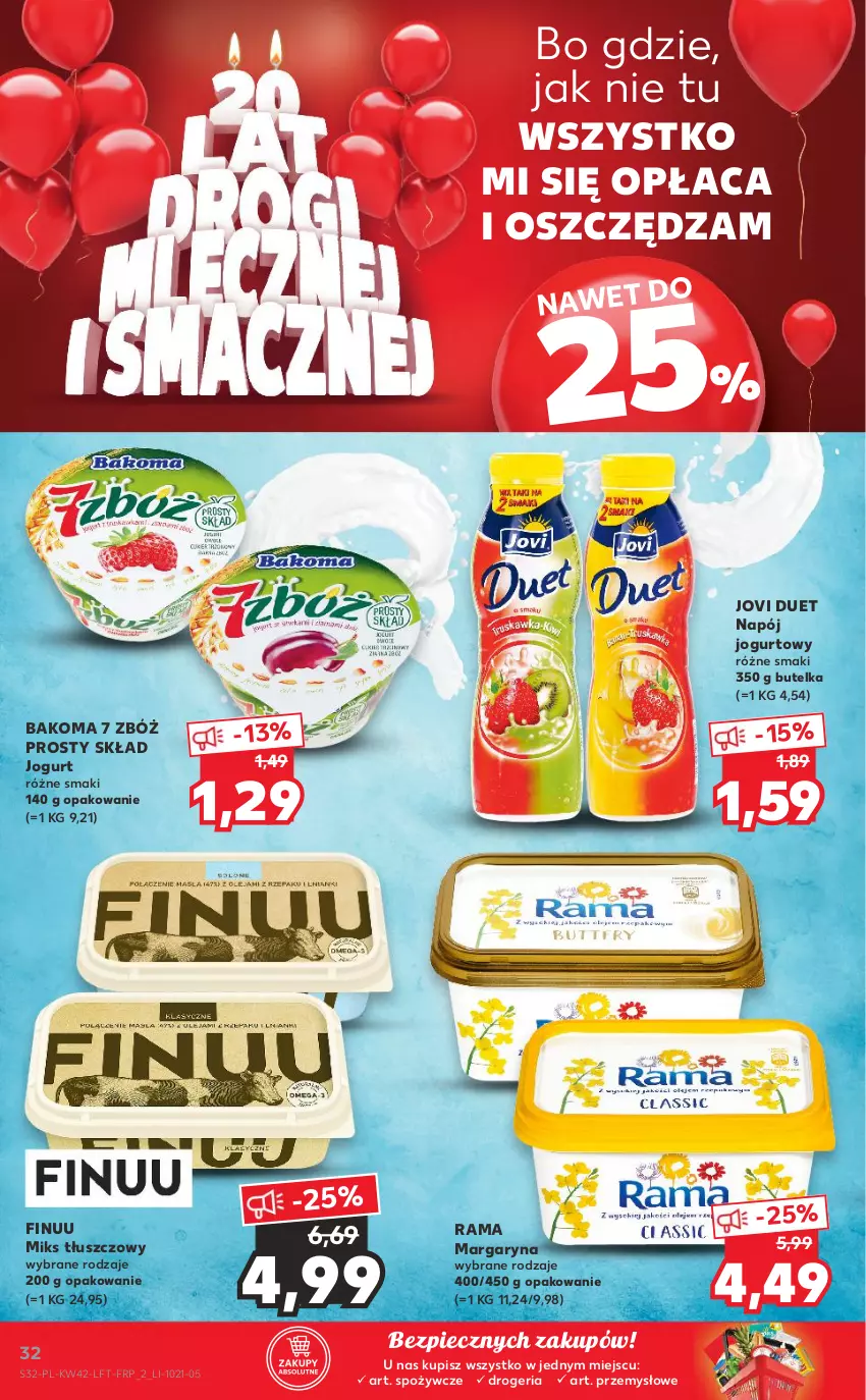 Gazetka promocyjna Kaufland - OFERTA TYGODNIA - ważna 21.10 do 27.10.2021 - strona 32 - produkty: Bakoma, Finuu, Jogurt, Margaryna, Miks tłuszczowy, Napój, Napój jogurtowy, Piec, Rama