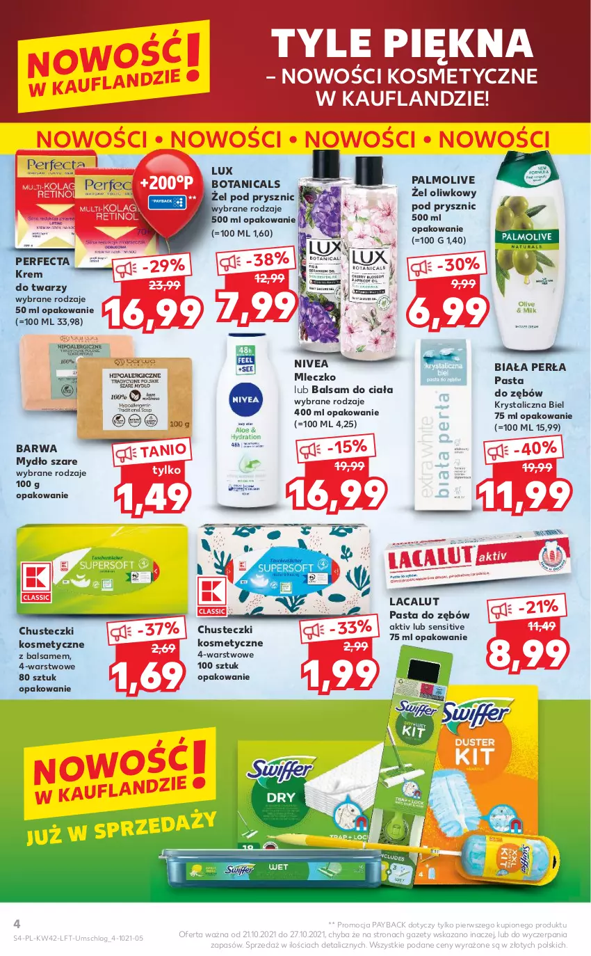 Gazetka promocyjna Kaufland - OFERTA TYGODNIA - ważna 21.10 do 27.10.2021 - strona 4 - produkty: Balsam do ciała, Chusteczki, Chusteczki kosmetyczne, Krem do twarzy, Lacalut, Mleczko, Mydło, Nivea, Palmolive, Pasta do zębów, Perfecta, Perła