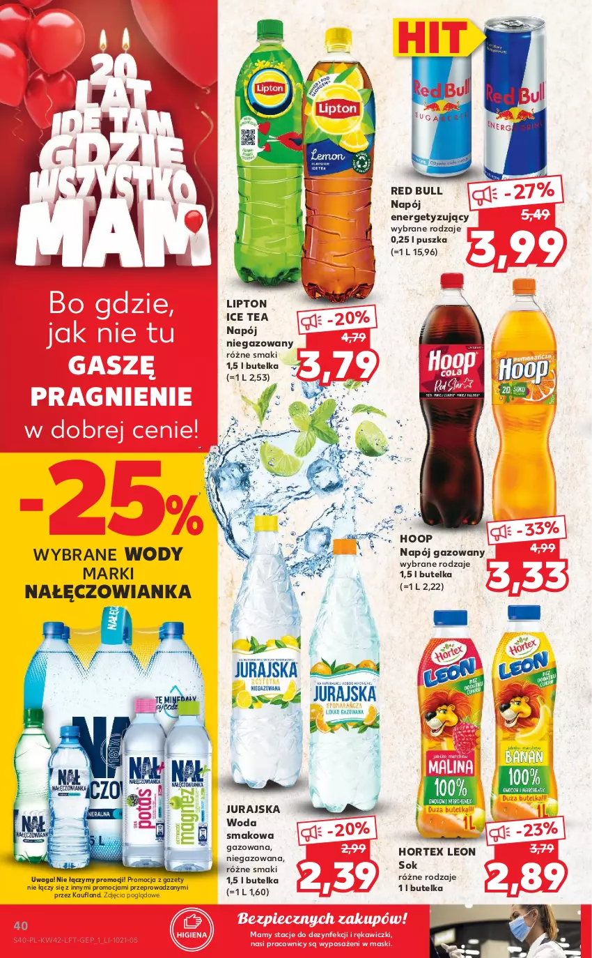 Gazetka promocyjna Kaufland - OFERTA TYGODNIA - ważna 21.10 do 27.10.2021 - strona 40 - produkty: Hoop, Hortex, Ice tea, Leon, Lipton, Nałęczowianka, Napój, Napój gazowany, Napój niegazowany, Piec, Red Bull, Sok, Waga, Woda