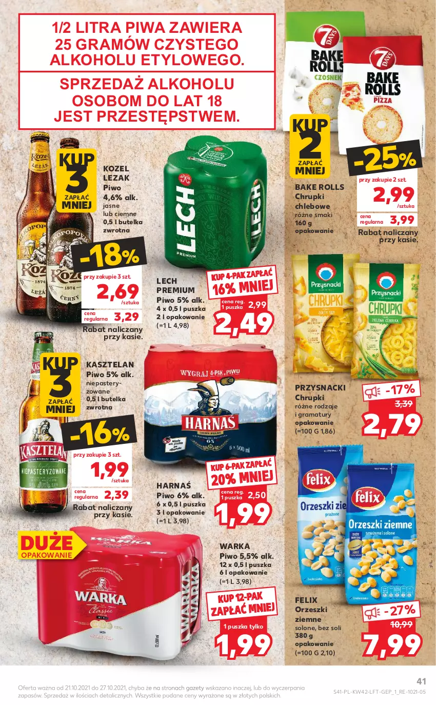 Gazetka promocyjna Kaufland - OFERTA TYGODNIA - ważna 21.10 do 27.10.2021 - strona 41 - produkty: Bake Rolls, Chleb, Chrupki, Chrupki chlebowe, Felix, Gra, Harnaś, Kasztelan, Kozel, Lech Premium, Orzeszki, Orzeszki ziemne, Piwa, Piwo, Przysnacki, Rama, Warka