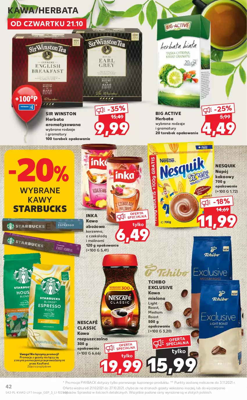 Gazetka promocyjna Kaufland - OFERTA TYGODNIA - ważna 21.10 do 27.10.2021 - strona 42 - produkty: Gra, Herbata, Inka, Kakao, Kawa, Kawa mielona, Kawa rozpuszczalna, Kawa zbożowa, Napój, Nescafé, Nesquik, Rama, Tchibo, Waga, Winston